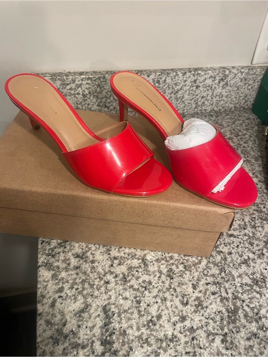 Anthropologie Shoes - Anthropologie Red Patent Open-Toe Slide Heels
